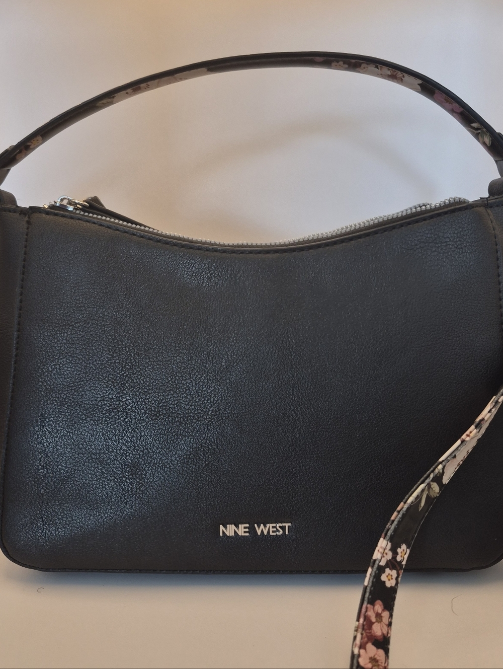 Nine West Black Leather Crossbody with Silver Zipper Accents